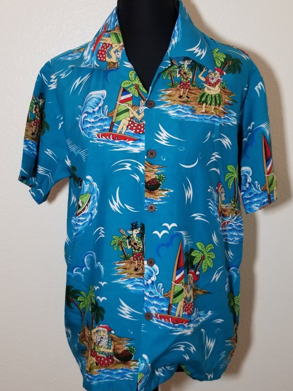 Alvish Womens Large Christmas Hawaiian Shirt Surfing Santa Palm Trees Aloha Hula
